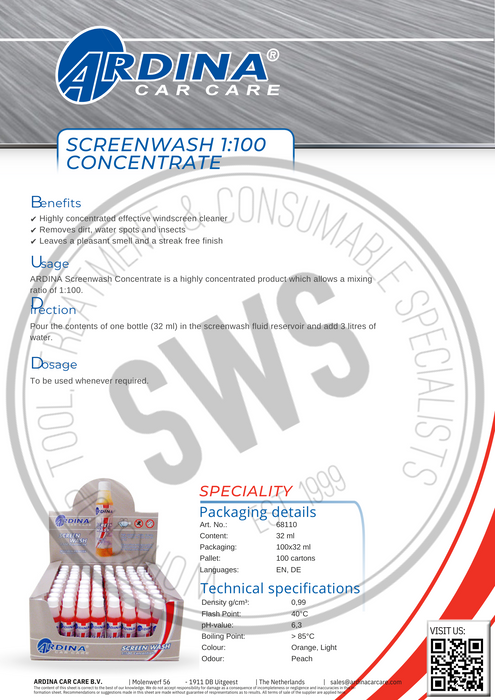 Ardina 32ml Screen Wash 1:100 Concentrate DSL62