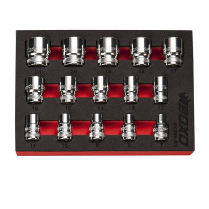 Boxo 3/8" Drive. 6 Point. Standard Length. 7-21mm Set. 15 Piece Socket Set in EVA Foam BX268-R2