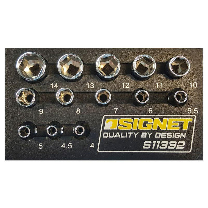 Signet 1/4" Drive. 6 Point. Standard Depth. 4-14mm Set. 13 Piece Socket Set in EVA Foam S11332