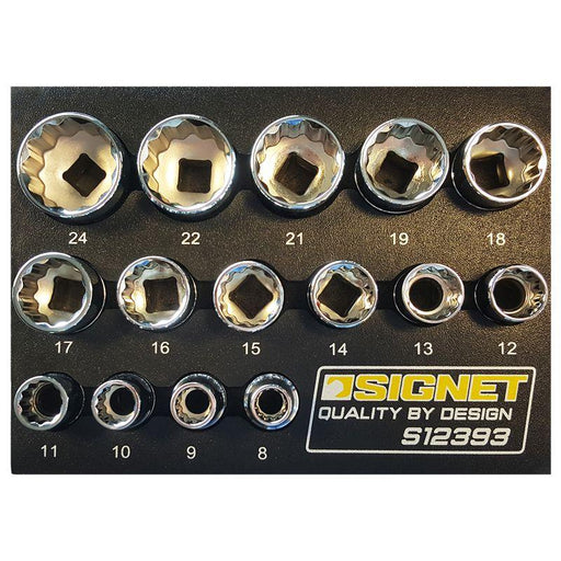 3/8" Drive. 12 Point. Standard Length. 8-24mm Set. 15 Piece Socket Set in EVA Foam