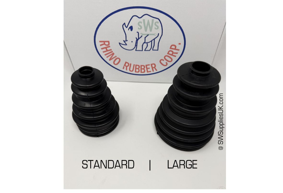 Black rubber CV boot gaiters in standard and large sizes with Rhino Rubber logo