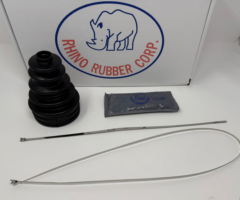 Black rubber boot and metal cable on a white surface with Rhino Rubber Corp. branding.