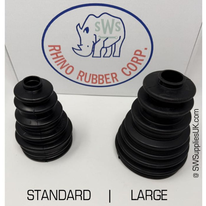 Two black rubber parts labeled 'Standard' and 'Large' on a white background with SWS Rhino Rubber Corp branding.