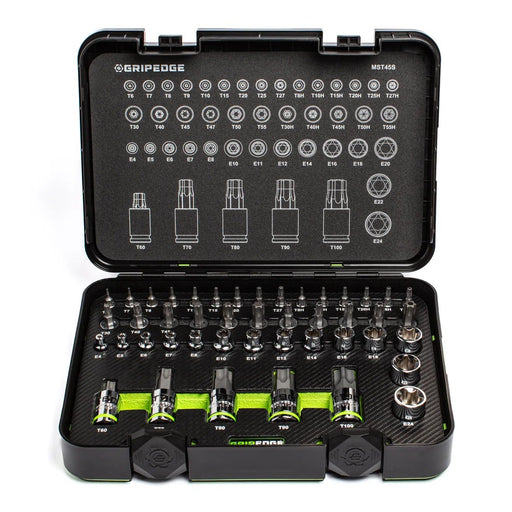 Black tool kit with various bits and sockets on a white background