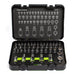 Black tool kit with various bits and sockets on a white background