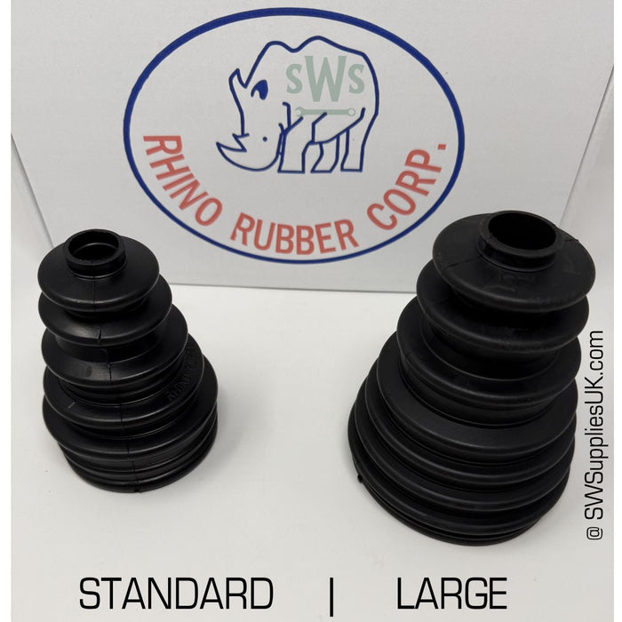 Two black rubber bushings labeled 'Standard' and 'Large' with SW Rhino Rubber Corp logo in the background.