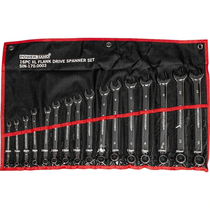 SIN-170.0003 XL Flank Spanners 6-21mm 16 Piece Powerhand Canvas Roll Extra Long Spanners PowerHand